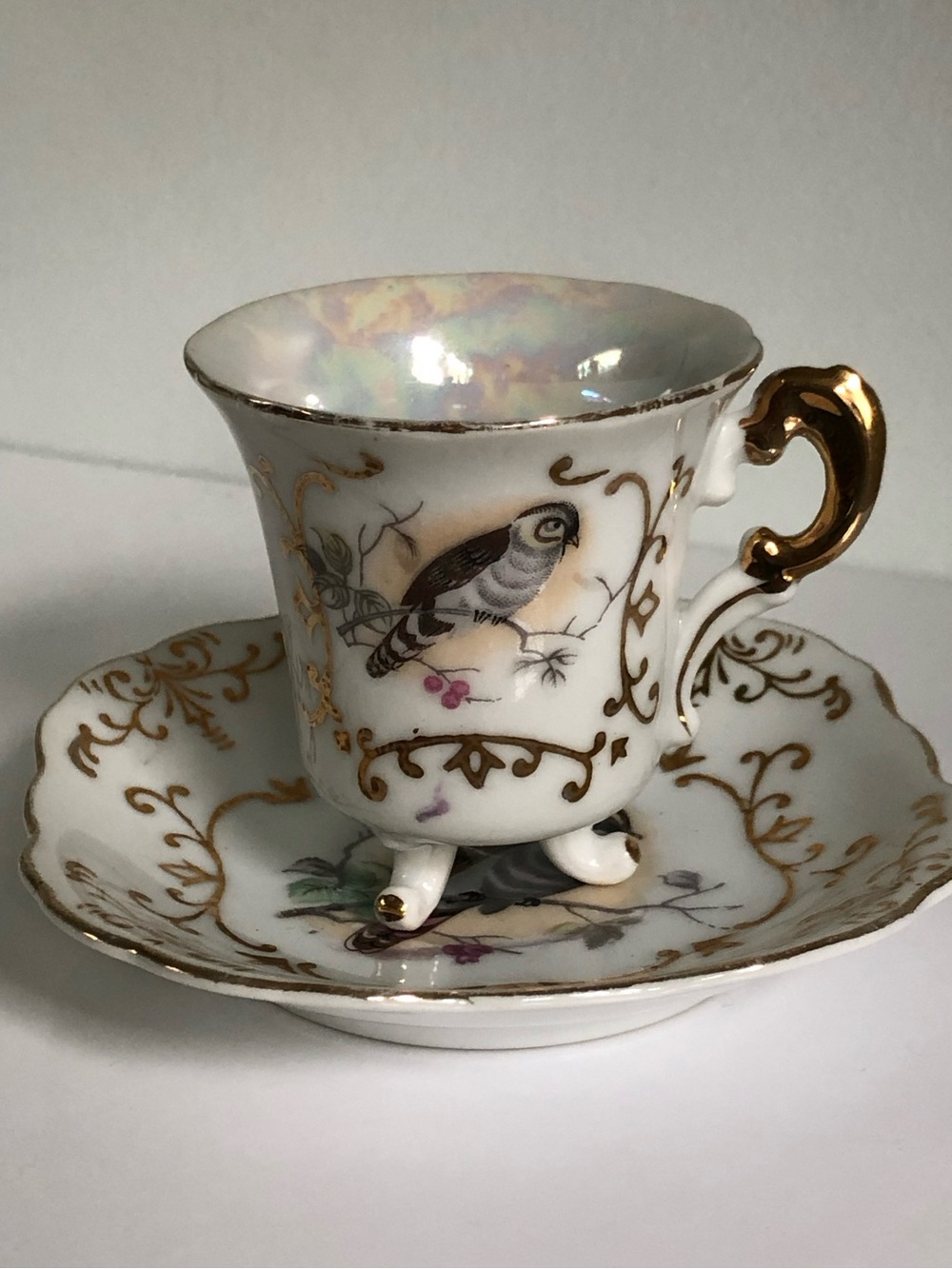 White and Gold Porcelain Teacup & Saucer with Bird Motif